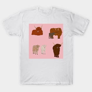 Highland Cows Pattern Pink T-Shirt